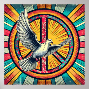 Boho Retro Dove und Peace Sign Poster