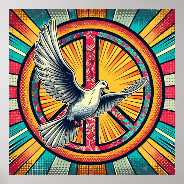Boho Retro Dove und Peace Sign Poster (Vorne)