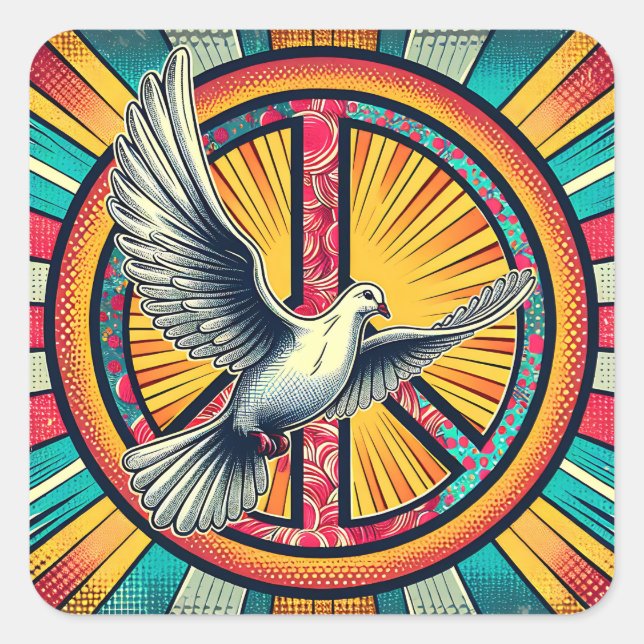 Boho Retro Dove und Peace Sign Quadratischer Aufkleber (Vorderseite)
