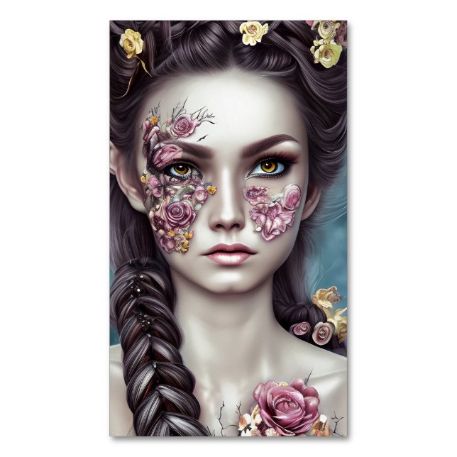 Boho Retro Fantasy Girl mit Blume Magnetische Visitenkarte (Vorderseite Vertikal)