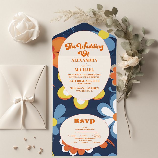 Boho Retro Floral Wedding All In One Einladung (Von Creator hochgeladen)