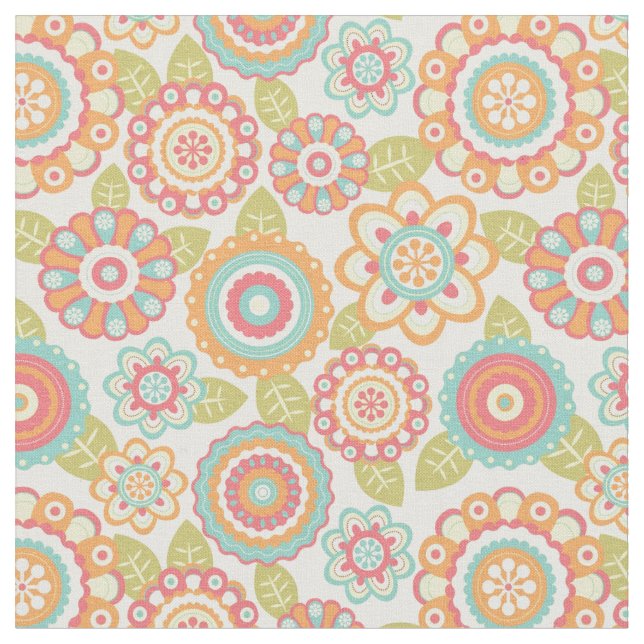 Boho Retro Funky Blumen-Blumenmuster (Creme) Stoff (Nahaufnahme)