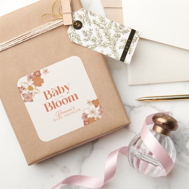 Boho Retro Groovy Floral Baby Shower Quadratischer Aufkleber (Schenken)