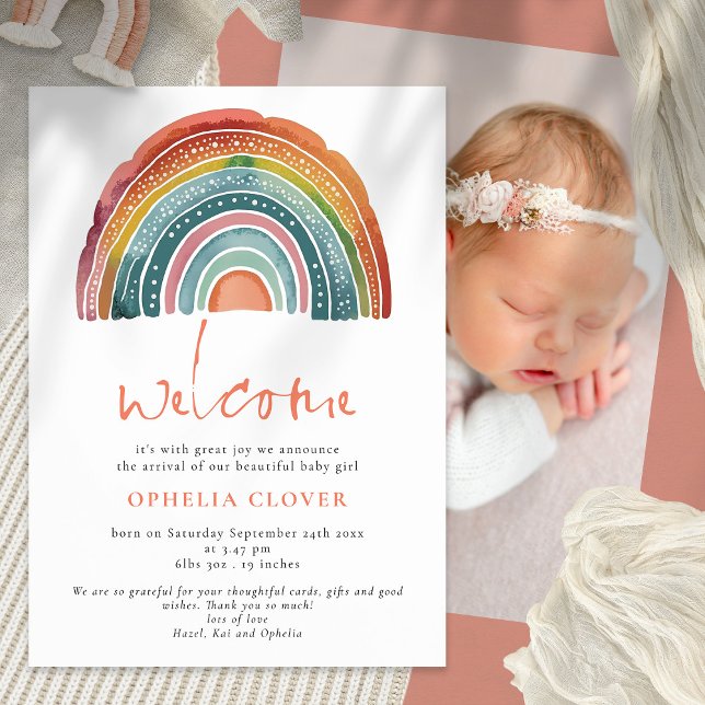 Boho Retro Kolored Rainbow Welcome Foto Birth Ankündigung (Von Creator hochgeladen)