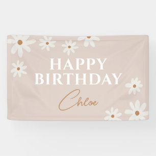 Boho Retro Light Brown Daisy Floral Happy Birthday Banner