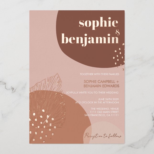 Boho Retro Modern Terracotta Wedding Rose Gold Folieneinladung (Vorderseite)
