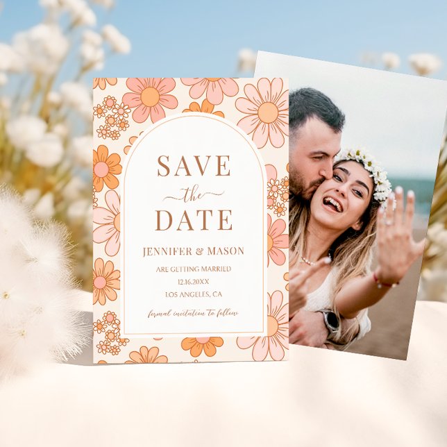 Boho Retro Orange Daisy Floral Save the Date Foto Einladung (Von Creator hochgeladen)