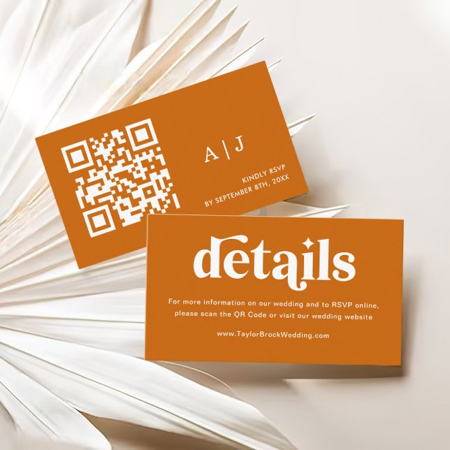 Boho Retro Orange Wedding Website Details Qr Code Begleitkarte (Von Creator hochgeladen)