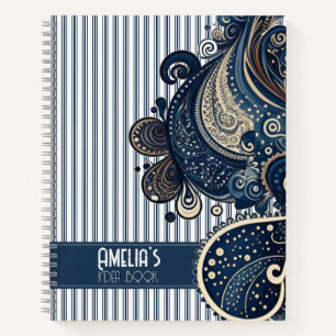 Boho Retro Paisley Blue Stripes Notizbuch