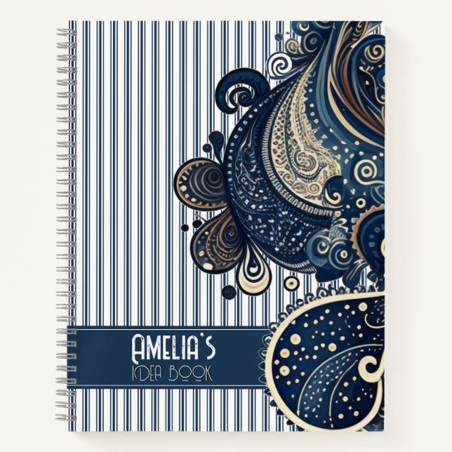 Boho Retro Paisley Blue Stripes Notizbuch (Vorderseite)