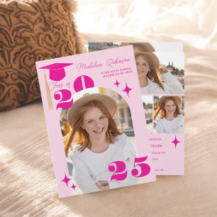 Boho Retro Pink Stars Moderner 4-Foto-Abschluss Einladung