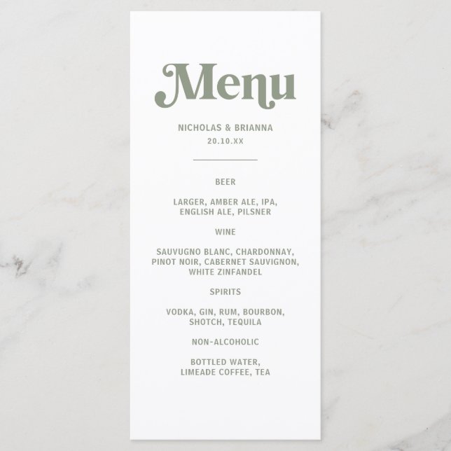 Boho Retro Sage Green Wedding Drinks Menu Menükarte (Vorderseite)