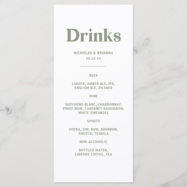 Boho Retro Sage Green Wedding Drinks Menu Menükarte (Vorderseite)