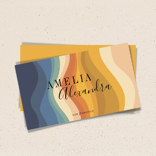 Boho Retro Schrift Abstracte Wellenlinien Gelb Bla Visitenkarte