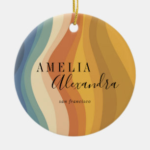 Boho Retro Script Abstrakt Wavy Lines Yellow Blue Keramik Ornament