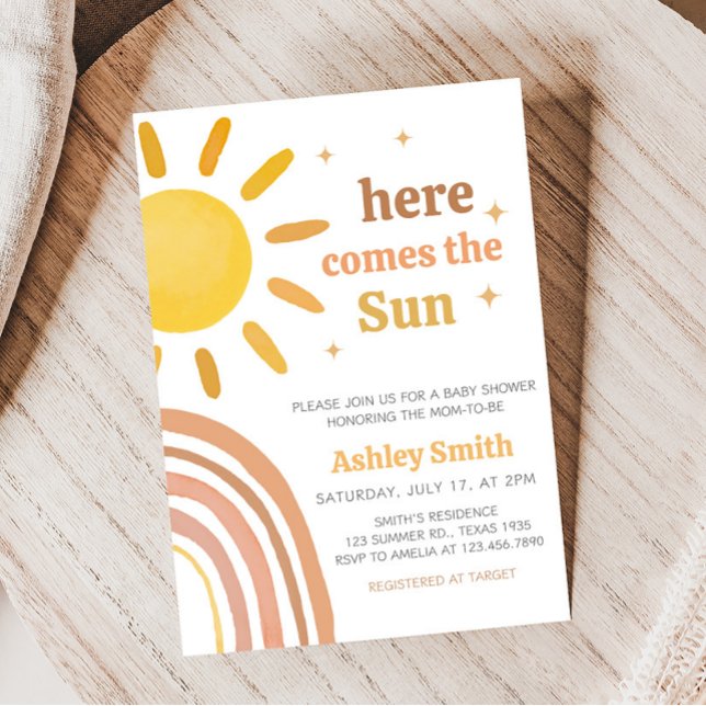 Boho Retro Sunshine Baby Dusche Einladung (Here Comes The Sun Baby Shower Invitation)