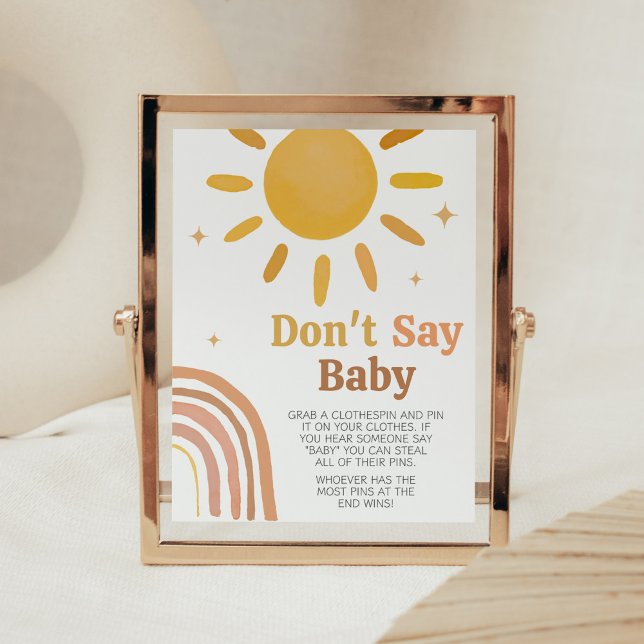 Boho Retro Sunshine Baby Shower Say Baby nicht Poster (Here Comes the Sun Baby Shower Don't Say Baby Sign)