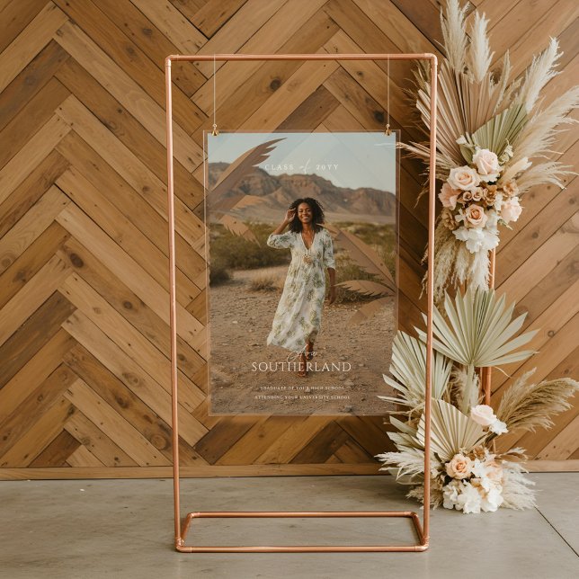 Boho Retro Tropical Palm Tree Abschluss Foto Acrylschild (Boho Retro Tropical Palm Tree Graduation Photo Acrylic Sign)