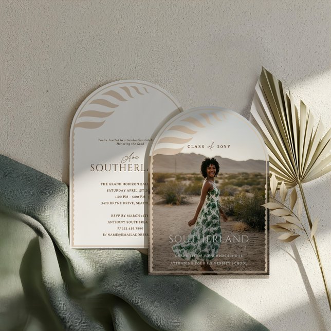 Boho Retro Tropical Palm Tree Abschluss Foto Einladung (Boho Retro Tropical Palm Tree Graduation Photo Invitation)