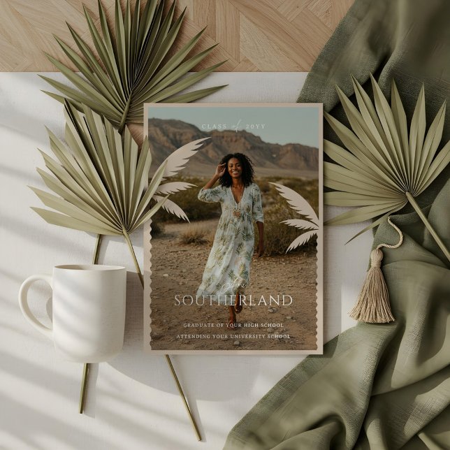 Boho Retro Tropical Palm Tree Abschluss Foto Einladung (Boho Retro Tropical Palm Tree Graduation Photo Invitation)