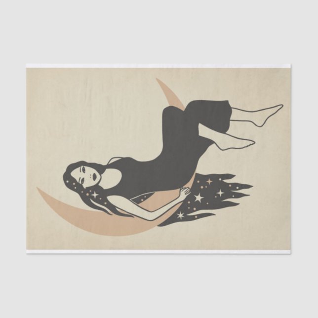 Boho retro woman sternt langen haarfreszenten Mond Seidenpapier (Vorderseite)