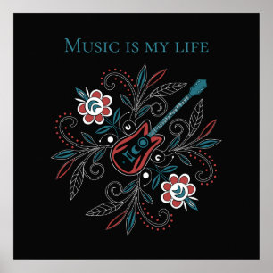Boho Rock’n’Roll Gitarre mit Blume Poster