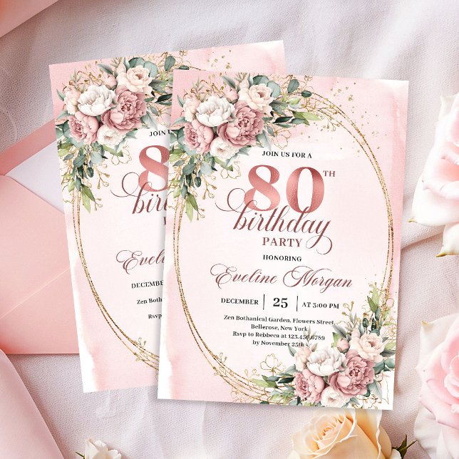 Boho Romantic Blush Pink Floral Gold 80th Birthday Einladung (Boho Romantic Blush Pink Floral Gold 80th Birthday Invitation)