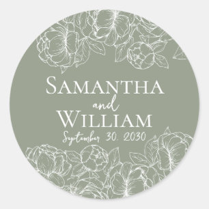 Boho Romantic Sage Green Floral Moderne Hochzeit Runder Aufkleber