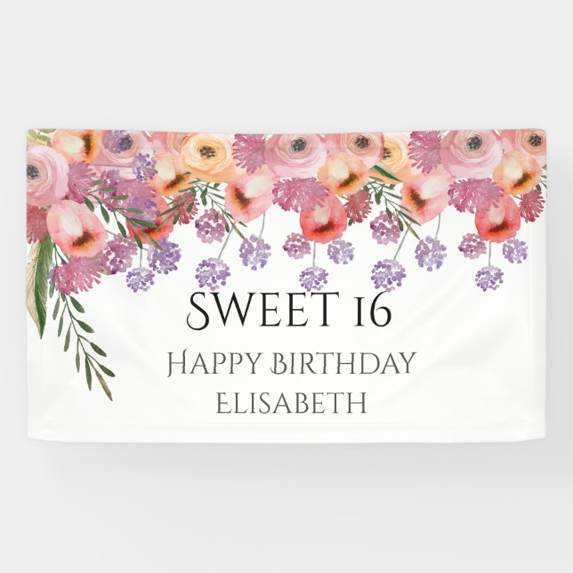 Boho romantische Aquarell Blütensüß 16 Party Banner (Horizontal)