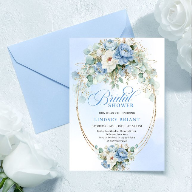 Boho Romantische Pastellblaue Pfingstrose Goldene  Einladung (Romantic Pastel Blue Peony Gold Bridal Shower Invite

)
