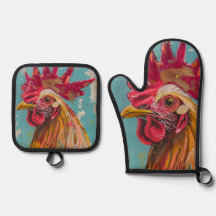 Boho Rooster Oven Mitt & Hot Pad Set