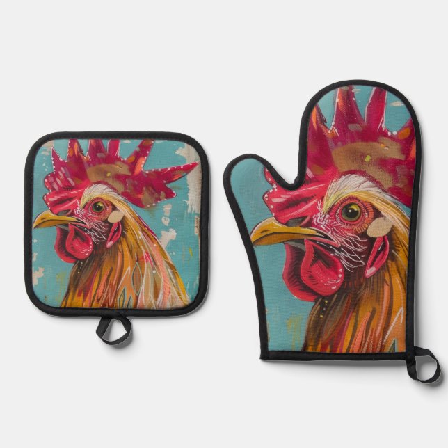 Boho Rooster Oven Mitt & Hot Pad Set (Vorderseite)
