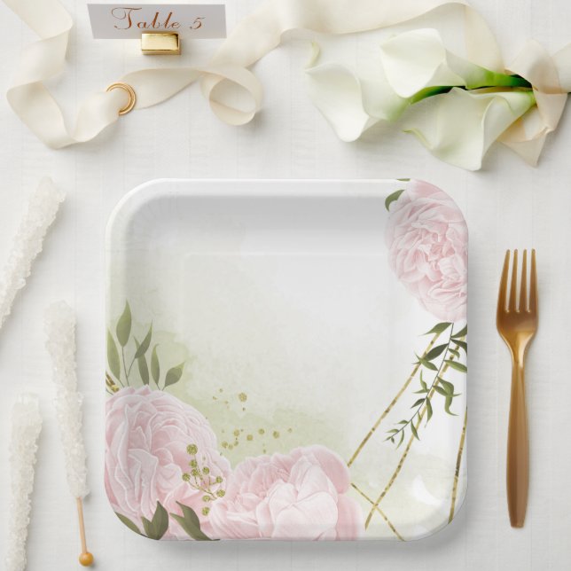 Boho rosa Blume Grüne Blätter botanisch Pappteller (Hochzeit)