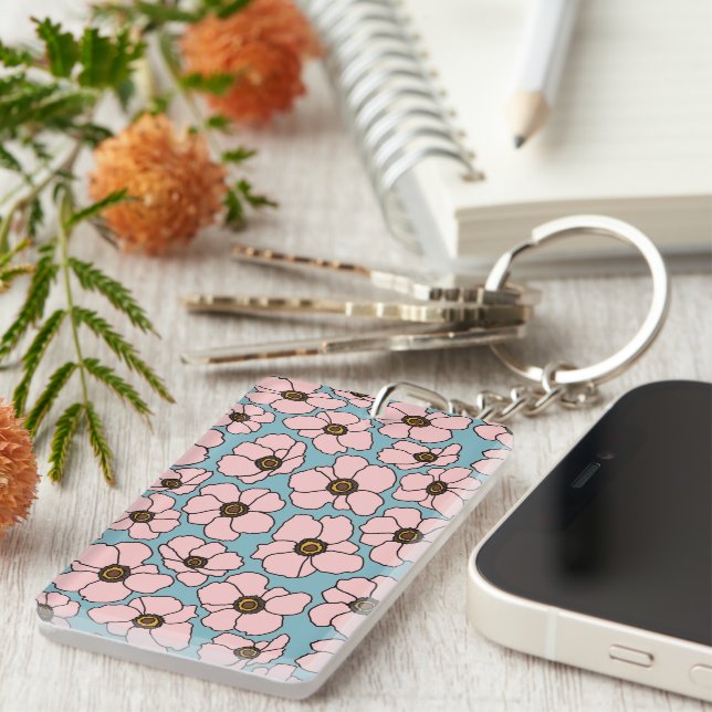 Boho rosa Blumen auf Blau  Schlüsselanhänger (Vorderseite rechts)