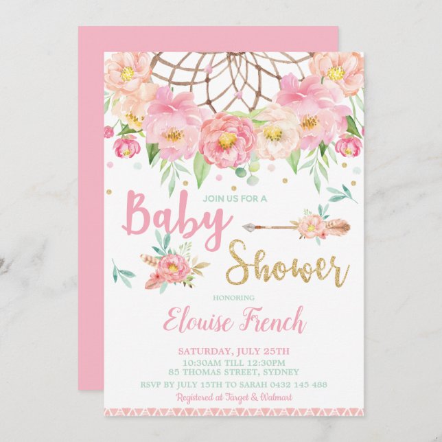 Boho rosa BlumenBabyparty-Traum-Fänger-Mädchen Einladung (Vorne/Hinten)