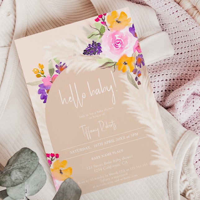 Boho rosa Blumenbogen Beige Hallo Babydusche Einladung (Von Creator hochgeladen)