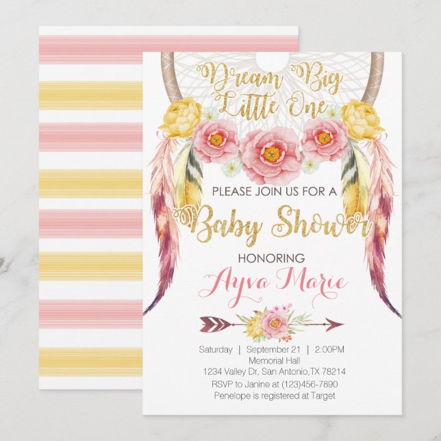 Boho rosa GoldDreamcatcher Babyparty-Einladung Einladung (Vorne/Hinten)