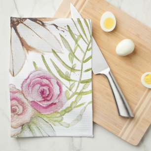 Boho Rosa Grün Braun Weiß Blumen Trend Geschirrtuch