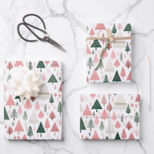 Boho Rosa Grüne Whimsical Saisonale Weihnachtsbäum Geschenkpapier Set