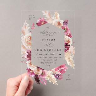 Boho-Rosa-Pampasgras-Blumenhochzeit Acryleinladungen