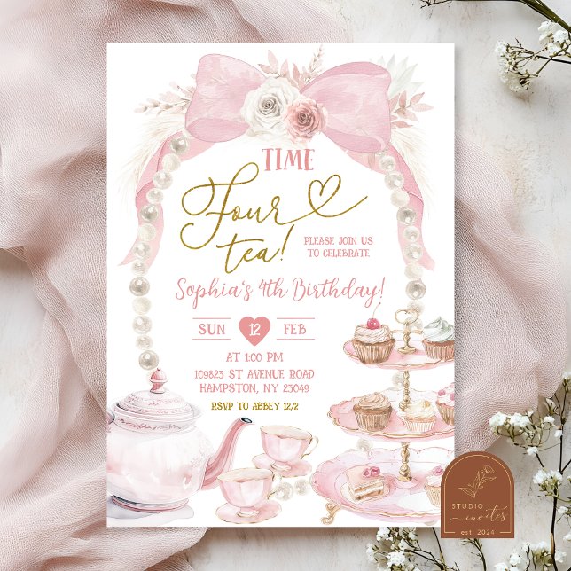 Boho Rosa Schleife Zeit Für Tee Geburtstag Einladung (Von Creator hochgeladen)