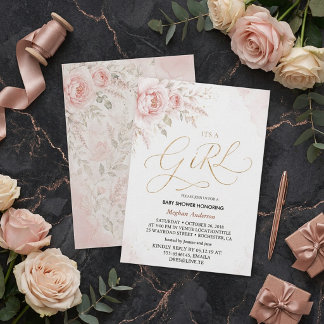 Boho rosa und goldene Blumen, es ist ein Mädchen-B Einladung