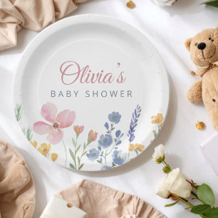 Boho Rosa Wasserfarben-Wildflower-Baby-Party Pappteller