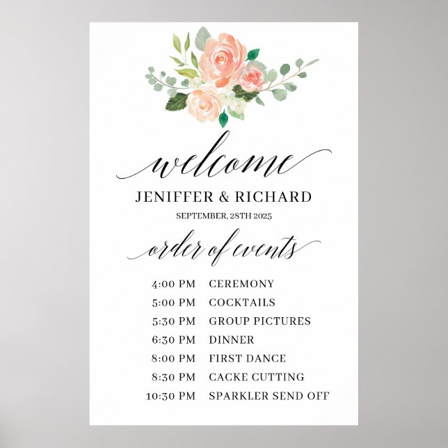 Boho rosafarbenes florales Hochzeitsprogramm Poster (Vorne)