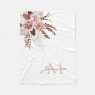 Boho Rosafarbenes Pampasgras Blumenmonogramm Fleecedecke