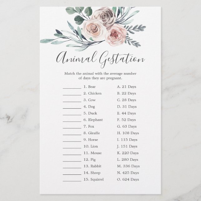 Boho Rose Baby Shower Animal Gestage Game (Vorderseite)