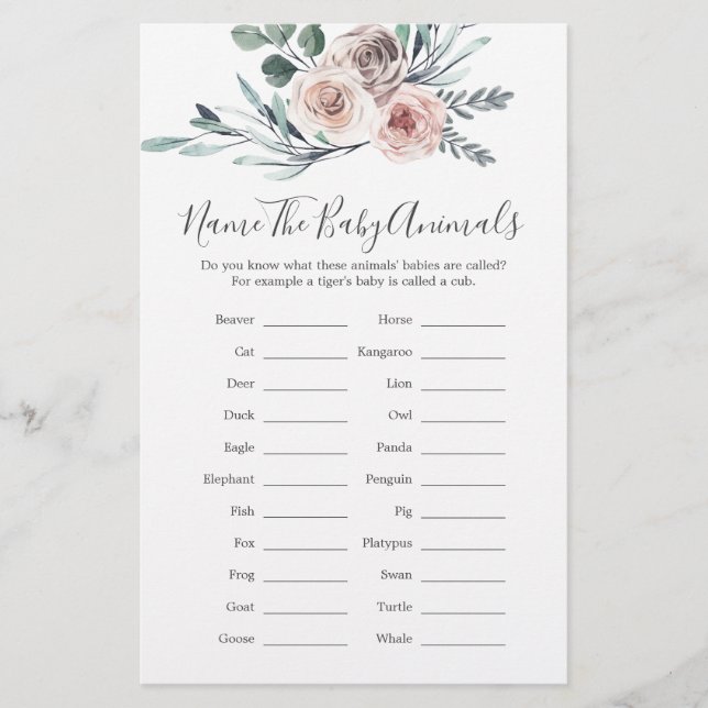 Boho Rose Babydusche Name The Baby Animals Game (Vorderseite)