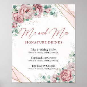 Boho-Rosé-Blumen-Gold-Signatur-Drinks-Schild Poster