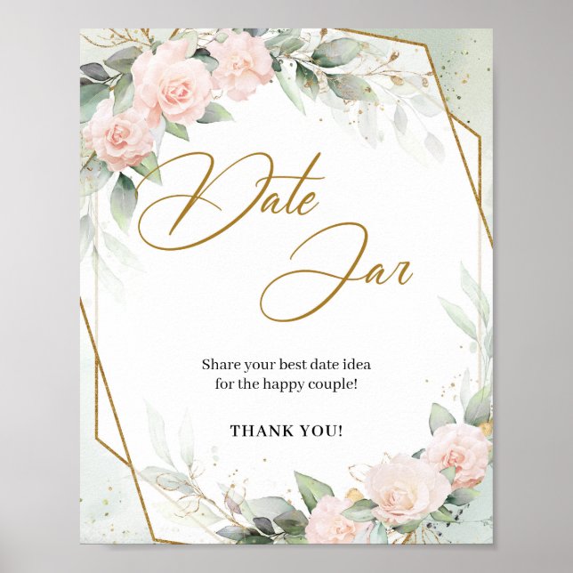 Boho-Rosé-Blumen Grün Gold Datum Glas Signatur Poster (Vorne)