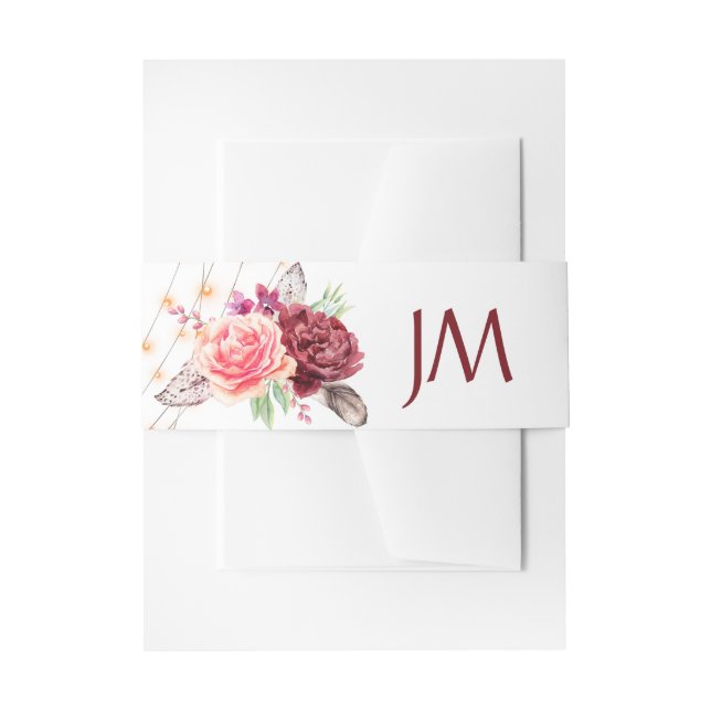 Boho Rose Feathers Lights Monogram Wedding Einladungsbanderole (Vorderseite Beispiel)